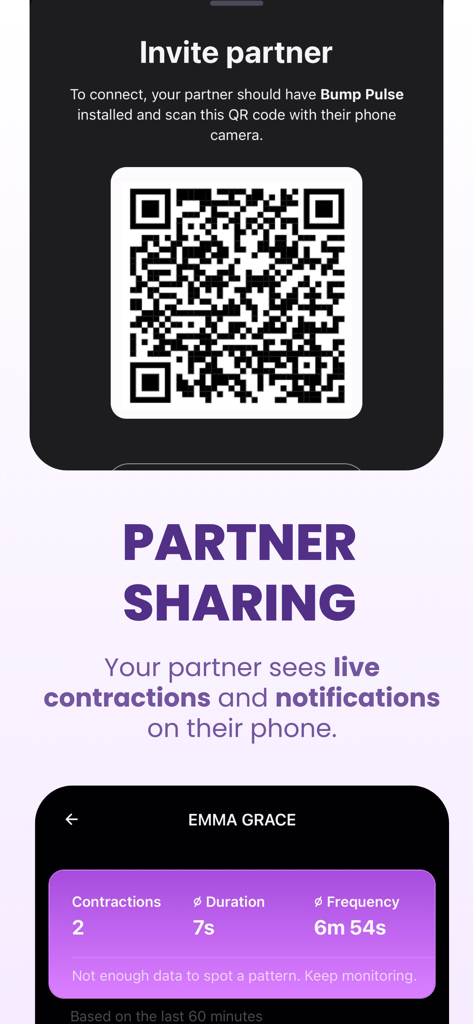 Bump Pulse: Contraction Timer - Interface showing the partner sharing feature of the Bump Pulse app with a QR code and live contraction tracking data.