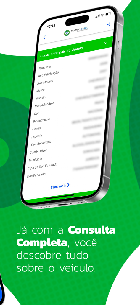 A smartphone screen showing a detailed vehicle history report with technical data from the Olho no Carro app.