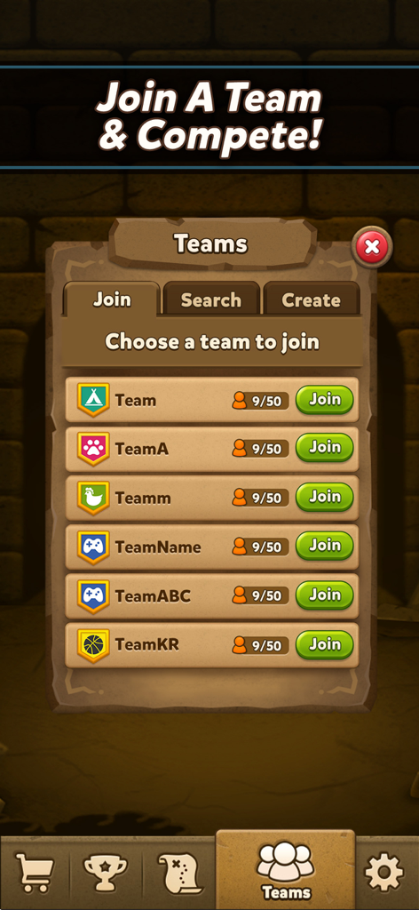 Bubble Pop Origin! Puzzle Game - Bubble Pop Originのメニュー。プレイヤーが一緒に競うために参加できるチームのリストが表示されています。