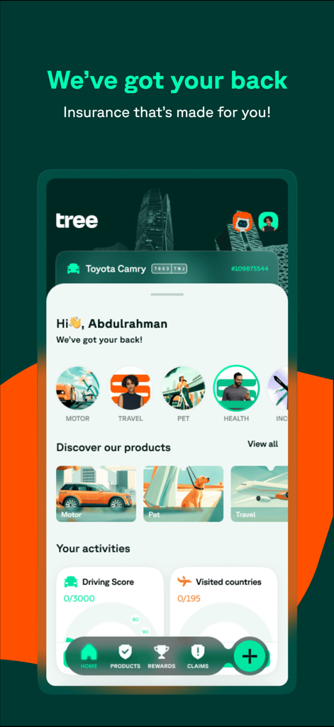 Tree Insurance - Tree Insurance mobile app dashboard showing personalized insurance products for motor travel and pets