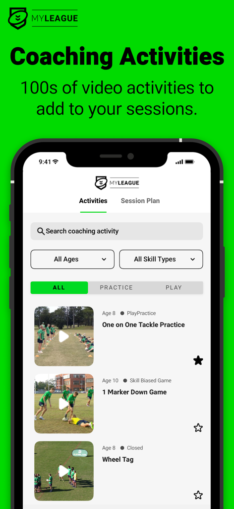 Interfaz de la aplicación MyLeague que muestra una lista de actividades de entrenamiento de rugby y videos de ejercicios.