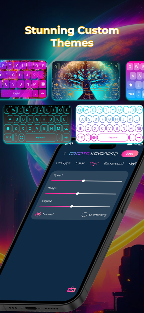 Interface showing various custom neon and RGB keyboard themes with a screen for adjusting speed and lighting effects