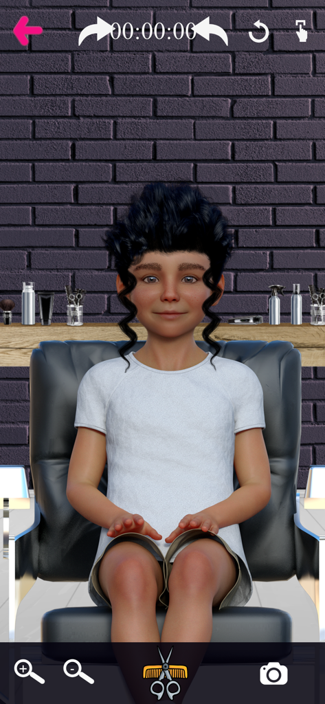A young child character with dark hair sitting in a barber chair within the Barber Chop app.