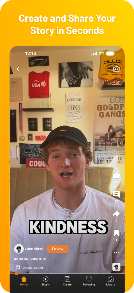 Interfaccia video breve di Gan Jing World che mostra un creator che condivide un messaggio sulla gentilezza