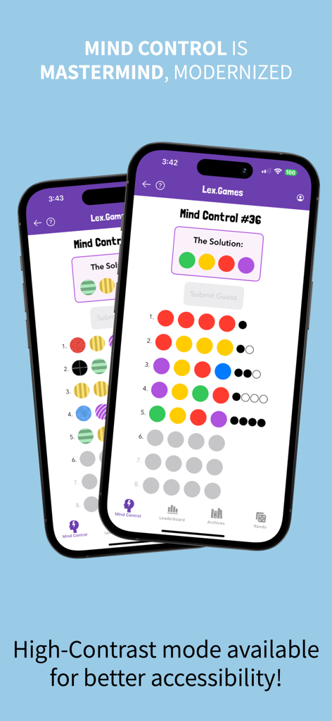Lex GamesのMind Control論理ゲームのインターフェース。アクセシビリティのためのハイコントラストモードが表示されています。