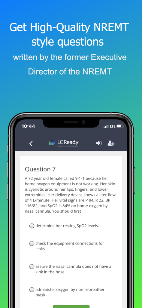 EMT PASS (new) - Mobile screen showing a sample NREMT practice question in the EMT PASS app