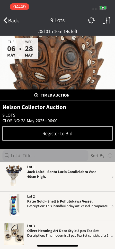 Nelson Auctions NZ - Nelson Auctions NZ app displaying a list of collectible items in a timed auction