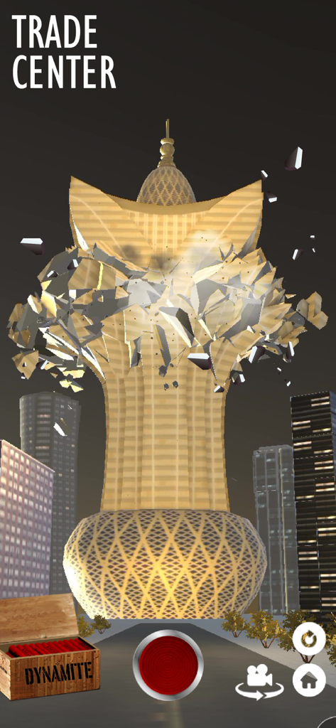 Demolition of a golden trade center building in the Fake Island game
