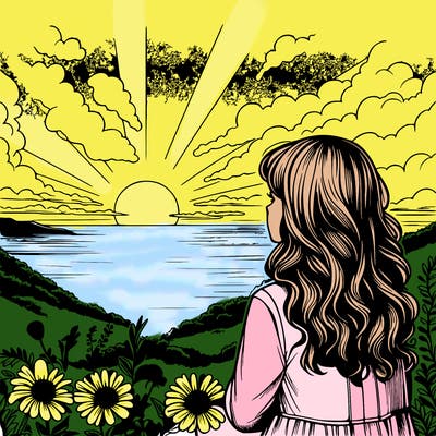 girl watching the sunset realistic