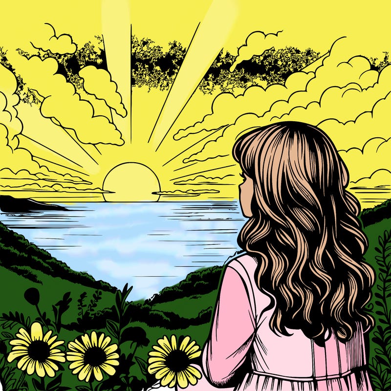 girl watching the sunset realistic