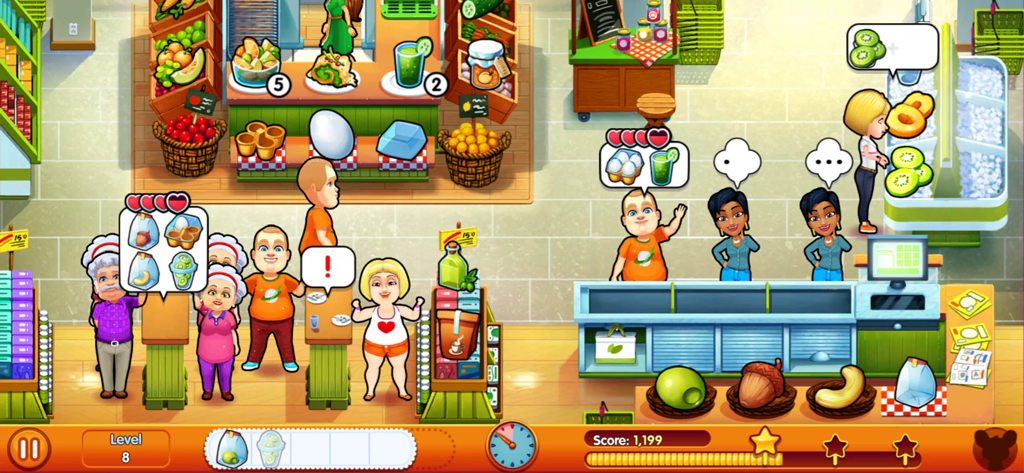 Delicious - Moms vs Dads - Gameplay screenshot of Delicious Moms vs Dads showing customers ordering food in a market setting