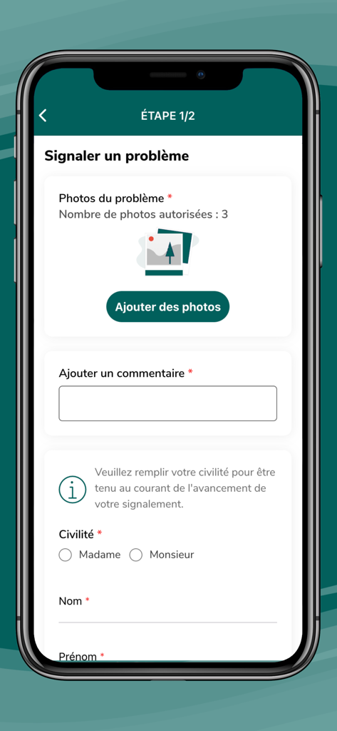 Ville d'Avon - Screenshot del modulo dell'app Ville d Avon per segnalare un problema con caricamento foto e campi di contatto.