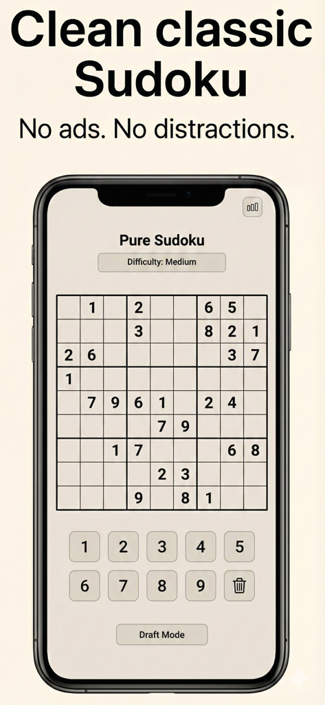 Sudoku – Pure & Ad-Free - Minimalist Sudoku mobile app interface featuring a clean 9x9 puzzle grid and a distraction-free design