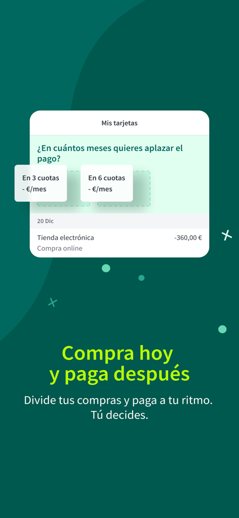 Ruralvía - Banca digital - Ruralvia mobile app screen showing buy now pay later options to split a 360 euro purchase into monthly installments