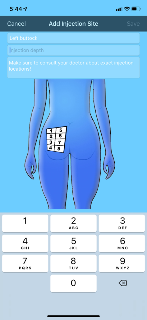 Injection Reminder - Screen showing an injection site selection on a female avatar body map