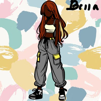 girl in baggy pants crop top and long hair