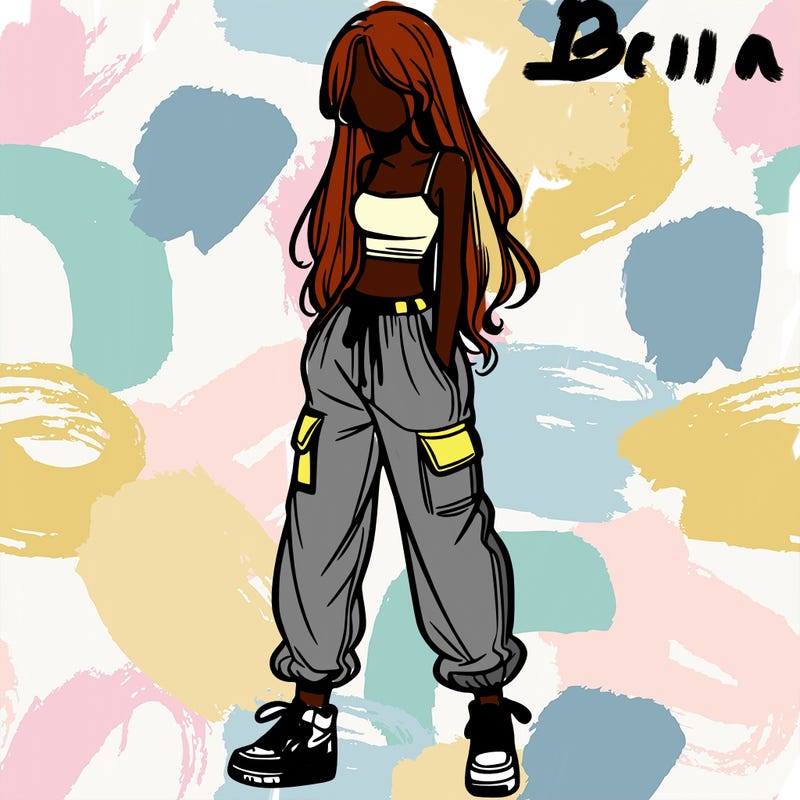 girl in baggy pants crop top and long hair