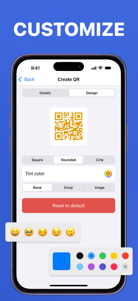 QR Code Generator & Makerㅤ - A mobile interface for customizing a QR code with options for rounded shapes, yellow tint color, and emoji stickers for business branding.