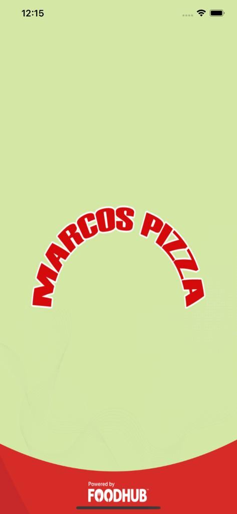 Marcos Pizza, - Marcos Pizza mobile app splash screen featuring an arched red logo on a light green background powered by Foodhub