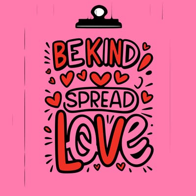 the title "be kind%2c spread love" is written in bold%2c friendly letters across the top of the poster%2c drawing attention to the central message of kindness.
