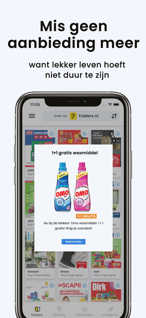 Smartphone screen showing the Folders.nl app with a promotional 1+1 free detergent offer over a grid of retail catalogs.