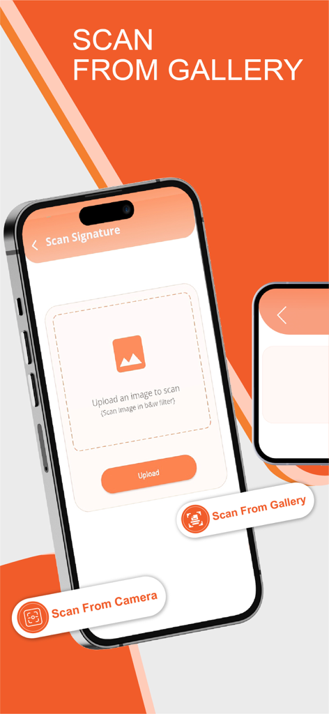 Digital Signature Stamp E Sign - A smartphone interface showing the scan signature feature with options to upload from gallery or use the camera.