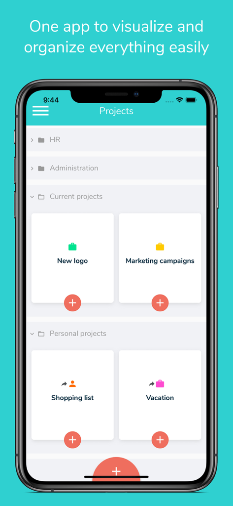 Beesbusy mobile app dashboard showing organized work and personal projects including marketing campaigns and shopping lists
