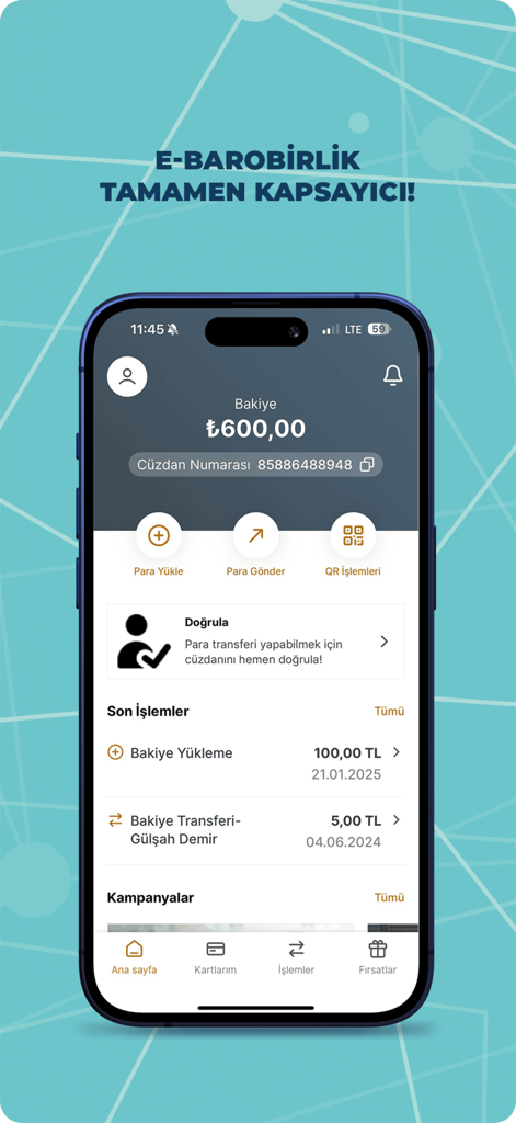 e-barobirlik - The e-barobirlik mobile app dashboard showing a 600 Lira balance and recent transactions for Turkish legal professionals