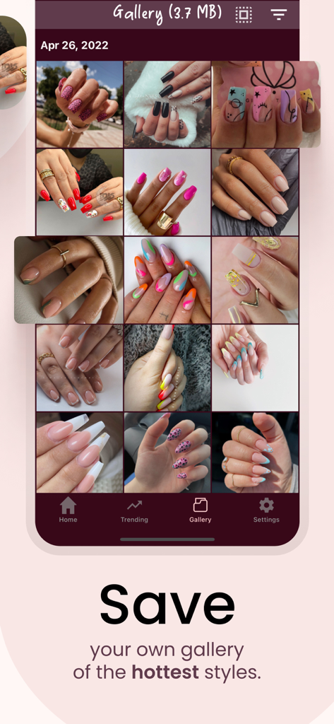 Styles4Nailz – Nail Designs - Gallery view of the Styles4Nailz app displaying a grid of saved trendy nail art designs