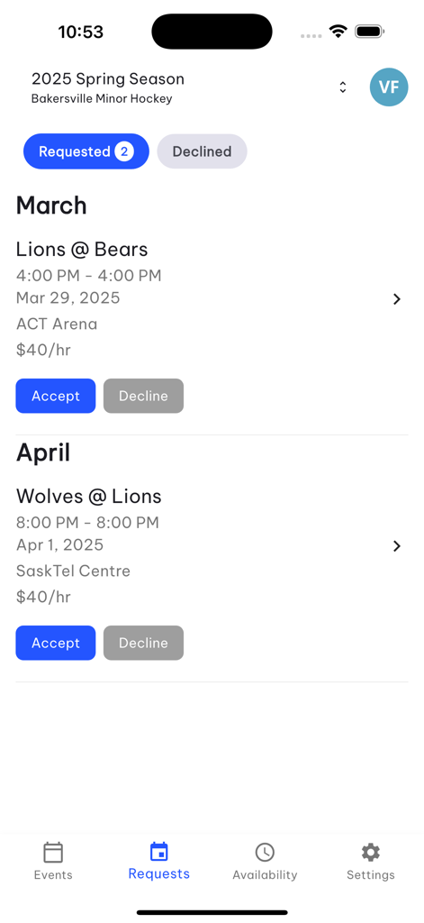 TeamLinkt Officials - A list of upcoming game officiating assignments in the TeamLinkt app showing dates, locations, and pay rates with buttons to accept or decline.