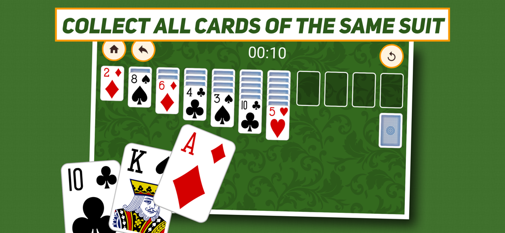 Solitaire: Classic & Klondike - Solitaire game screen with playing cards organized on a green patterned background