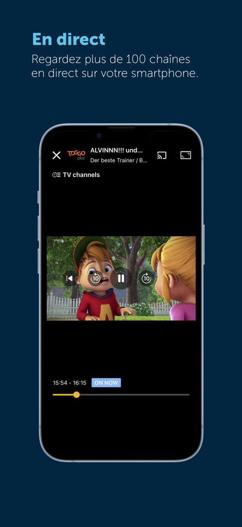 POP TV Go - A smartphone displaying a live animated TV show broadcast on the POP TV Go app interface with playback controls