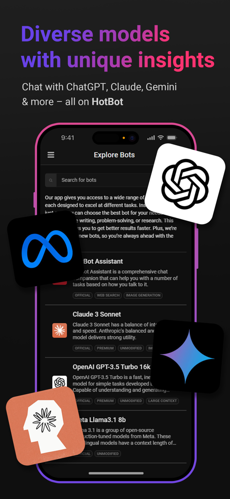 Ai Chat — HotBot - Ai Chat HotBot mobile screen showing various AI models like ChatGPT Claude and Gemini
