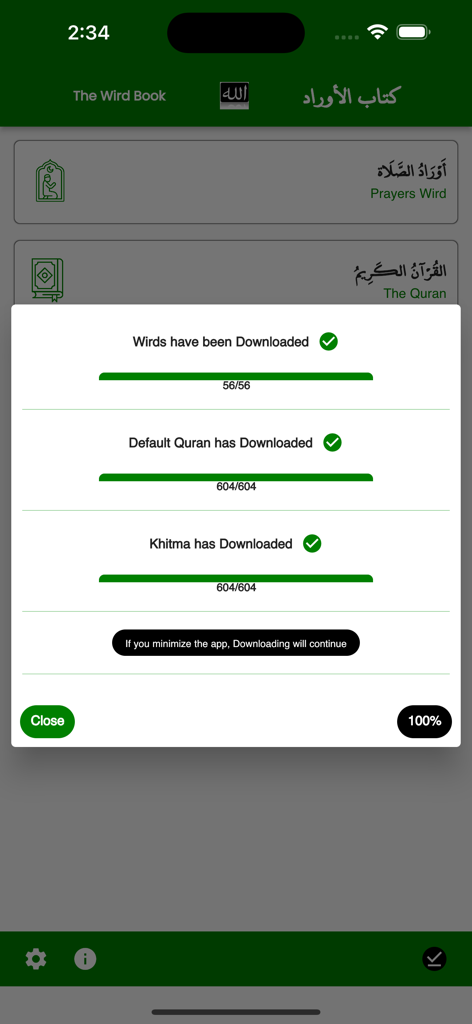 The Wird Book app interface showing a pop up with completed downloads for wirds and the Quran.