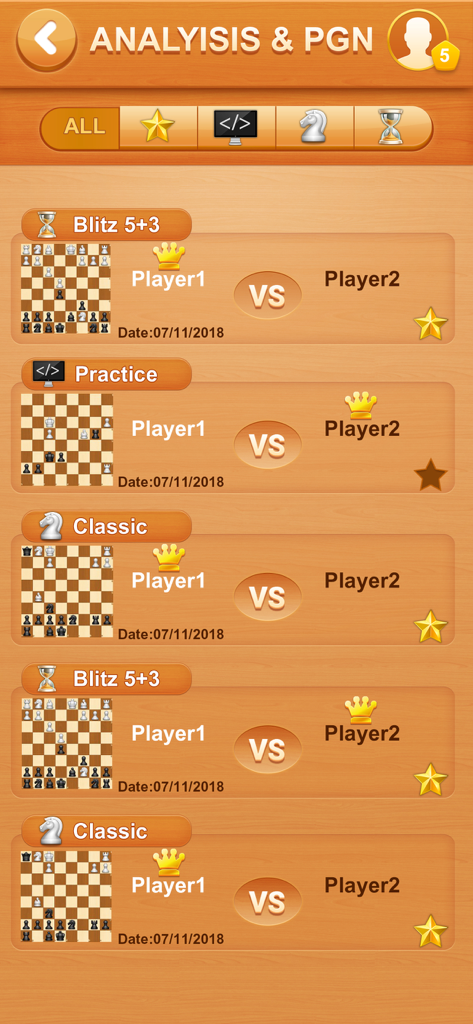 Chess Online: Learn & Win - Eine Liste früherer Schachpartien, einschließlich Blitz- und Klassikpartien mit Brettvorschau in der Schach Online-App