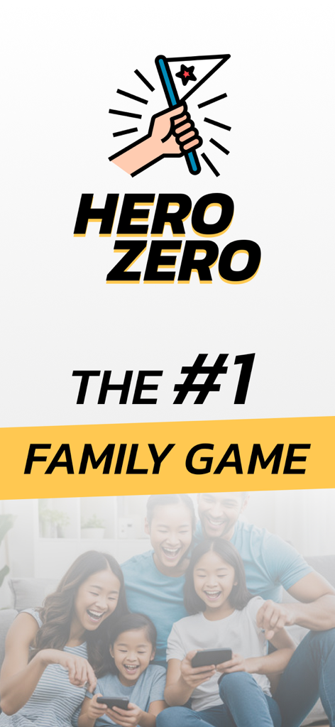 HeroZero - #1 family game :-) - Pantalla de la aplicación HeroZero que muestra a una familia jugando junta y el texto El Juego Familiar #1.