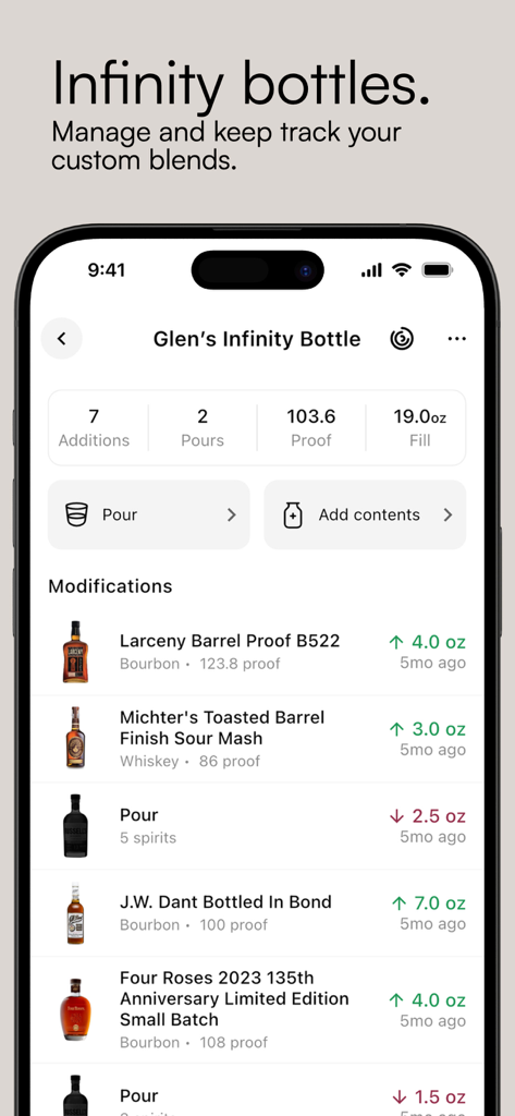 OnlyDrams - OnlyDrams mobile app screen showing infinity bottle management for custom whiskey blends