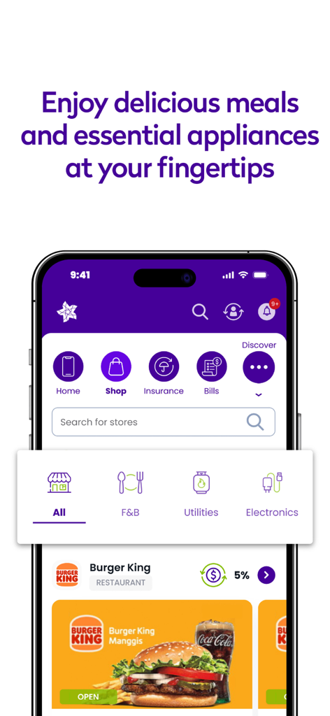 MyDST app shopping screen with food and electronics categories