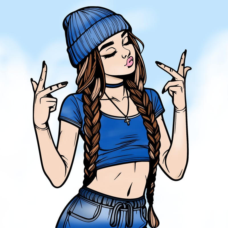 realistic teenage girl with braids and a beanie and crop top doing 🫶🏼