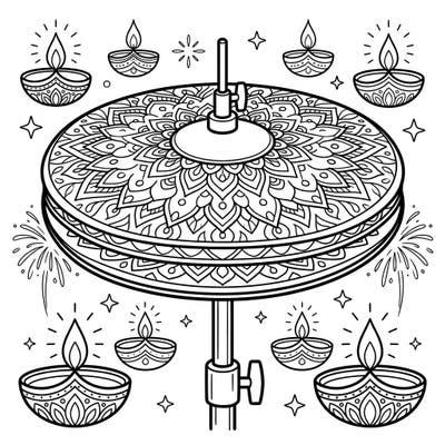 Get ready to celebrate Diwali with a unique twist! This vibrant coloring page features classic hi-hat cymbals beautifully decorated with traditional rangoli patterns and surrounded by festive diyas and fireworks.