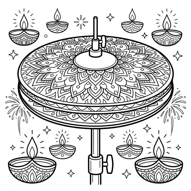 Get ready to celebrate Diwali with a unique twist! This vibrant coloring page features classic hi-hat cymbals beautifully decorated with traditional rangoli patterns and surrounded by festive diyas and fireworks.