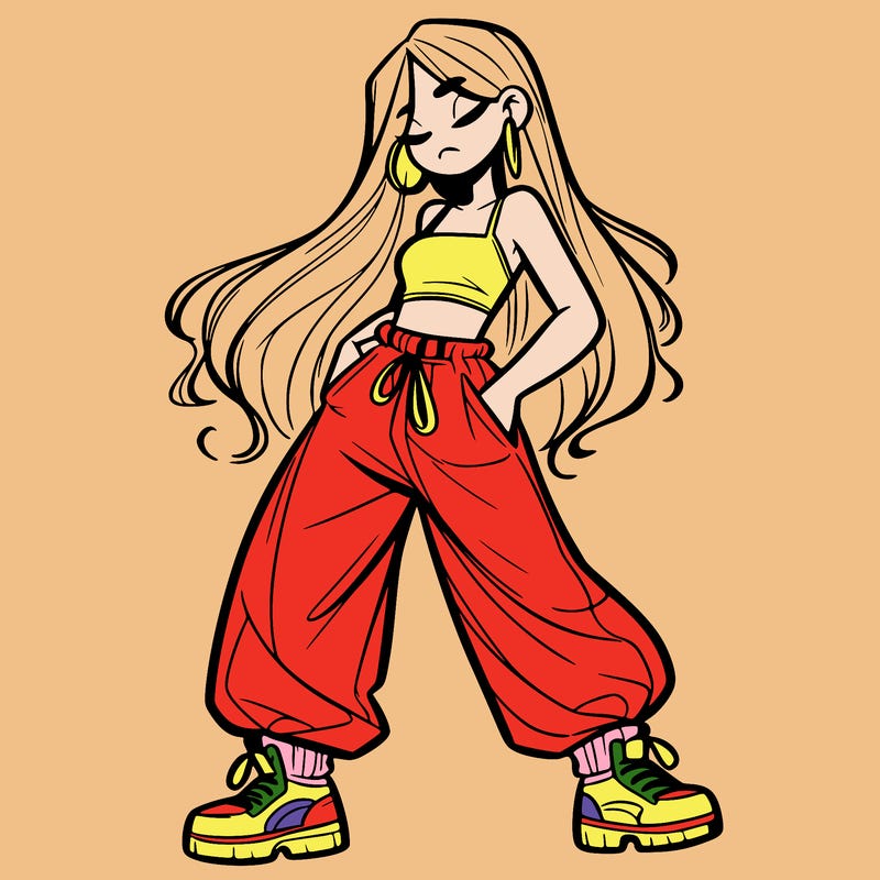 girl in baggy pants crop top and long hair