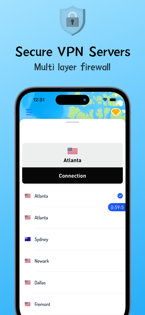 Interfaz de la aplicación Octopus VPN mostrando una lista de ubicaciones de servidores globales seguros como Atlanta y Sídney