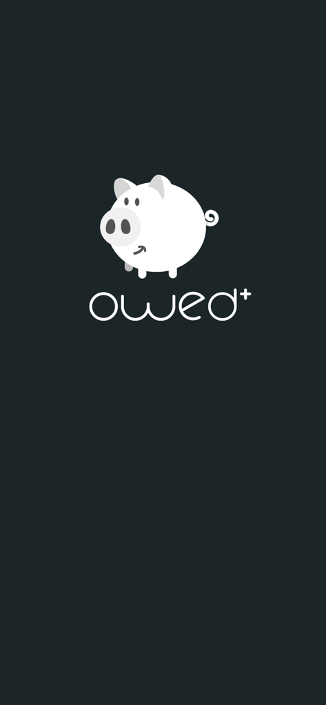 owed + - La schermata iniziale dell'app Owed plus con Gus, la mascotte del salvadanaio bianco, e il logo dell'app su uno sfondo scuro.