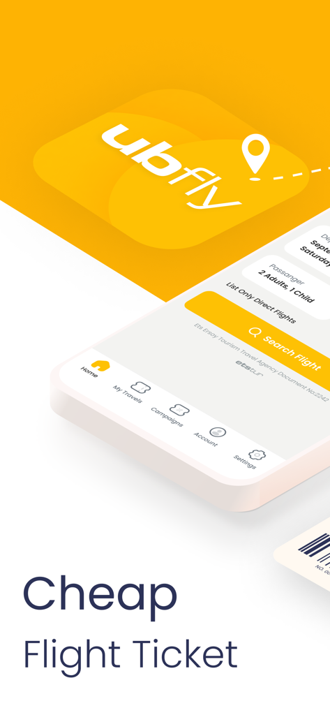 Ubfly - Cheap Flights - Tela inicial do aplicativo móvel Ubfly para pesquisar e reservar passagens aéreas baratas