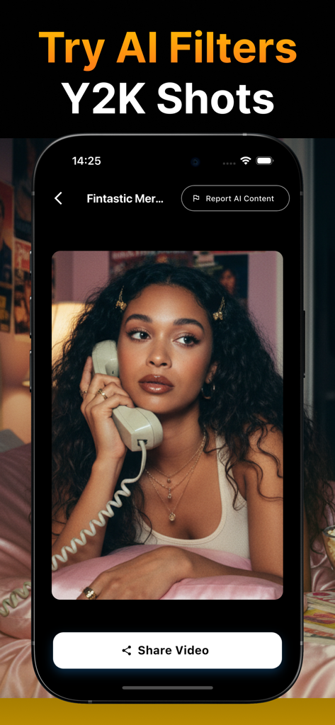 ヴィンテージ電話を持つ女性のY2KスタイルのAI生成動画ショットを表示するVidmAIアプリのインターフェース