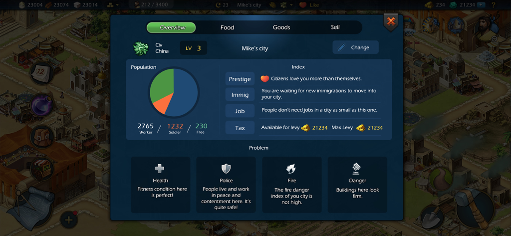 A city overview dashboard in Sim Empire displaying population distribution and city status indicators