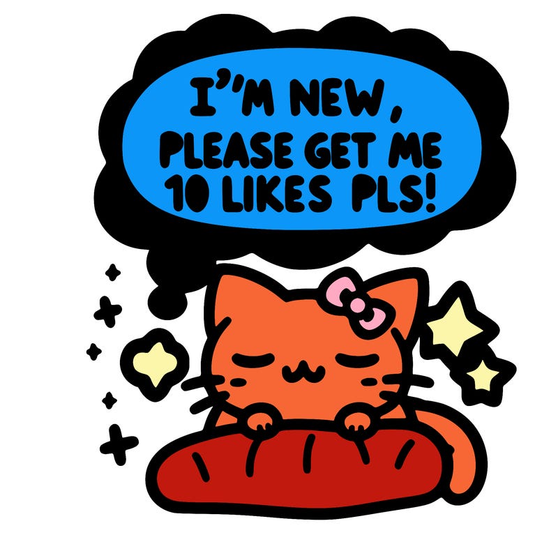 kitty taking a nap dream talking and saying "i'm new, please get me at least 10 likes pls!!"