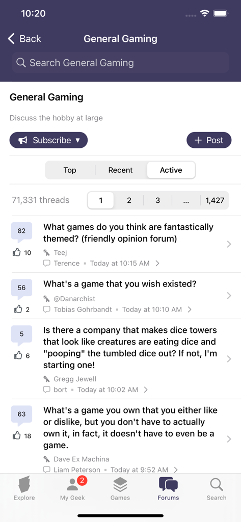 BoardGameGeek - Schermata del forum generale di gioco all'interno dell'app BoardGameGeek che mostra un elenco di discussioni della community
