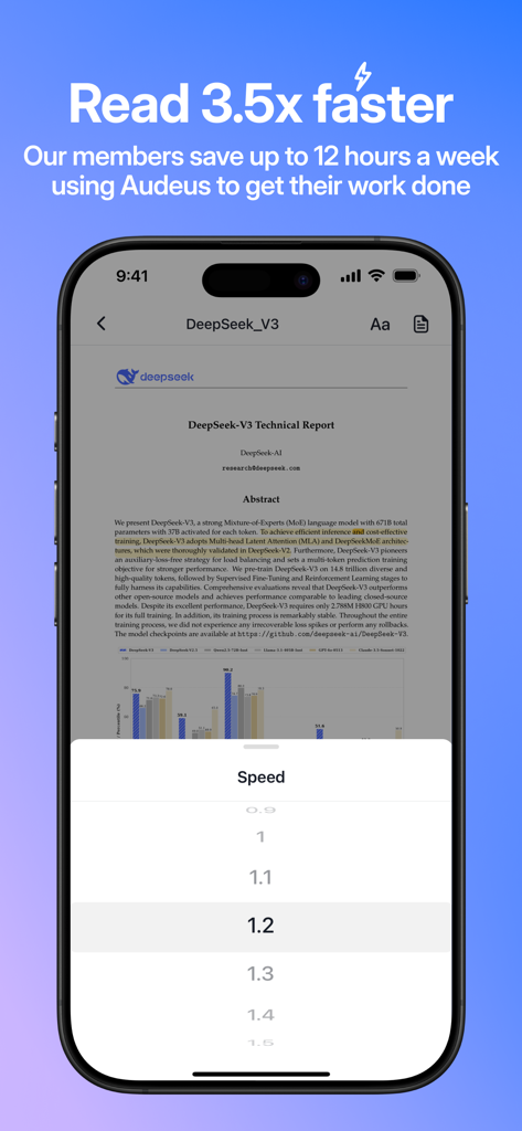 Audeus app screen showing speed control menu over a technical report with the headline Read 3.5x faster